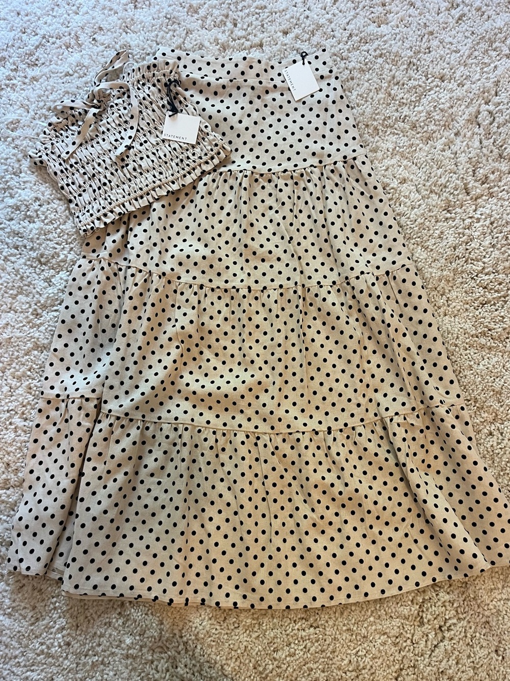 STATEMENT Polka Dot Tiered Maxi Skirt & Smocked Top Set - Beige with Black Dots